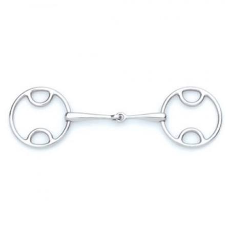 A polished silver equestrian bit, specifically a double-ring snaffle bit with a straight bar, shown against a plain white background.