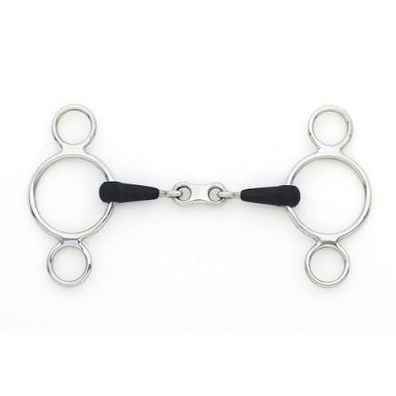 A polished silver metal horse bit with black rubber cheek pieces, shown against a plain white background.