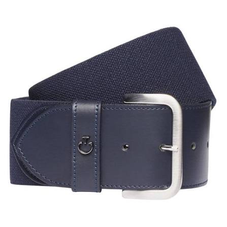 A navy blue woven belt with a silver metal buckle, shown coiled on a plain white background.