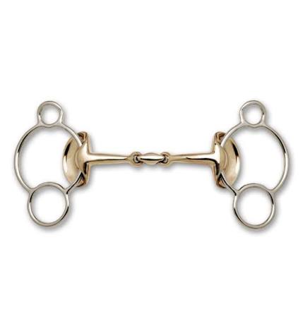 Gold horse bit with silver cheek pieces and 3 rings shown on a white background