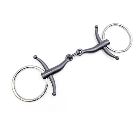 A dark gray double-bit horse bit with silver-toned metal rings, shown on a plain white background.