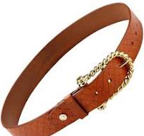 A brown leather belt with a gold-tone chain link buckle and a gold rivet detail, shown on a plain white background.