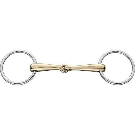 A double-bit horse bit featuring a polished gold-toned center bar and silver-toned circular rings, shown against a plain white background.