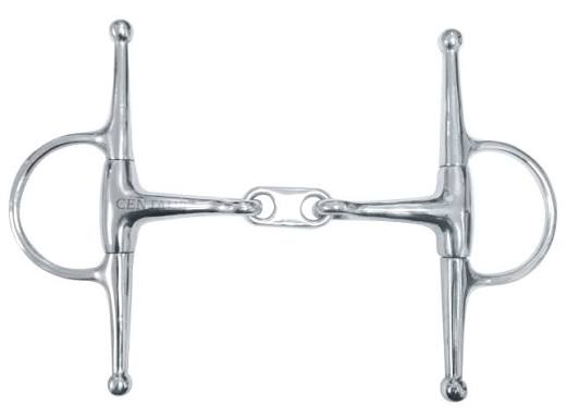 A polished steel single-ear horse bit with a central shank and a small central ring, shown against a plain white background.