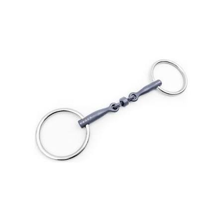 A double-ring horse bit with a matte gray metal center and polished silver-toned rings, shown on a plain white background.