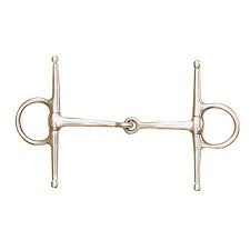 A silver-colored metal horse bit with a straight bar, ring, and small central ring, shown on a plain white background.