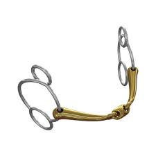 A horse bit with a polished gold-colored metal center and silver-colored metal rings and cheekpieces, shown on a plain white background.