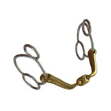 A horse bit with two silver-toned looped ends and a gold-toned curved center, shown on a plain white background.