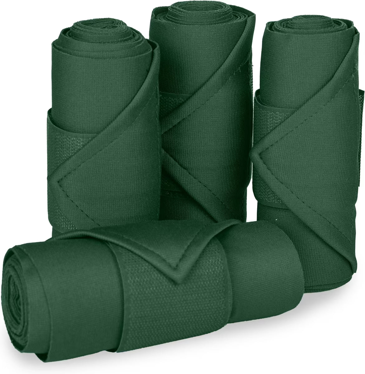 Front view of 4 green Equi-Essentials Poly Standing Wraps on a white background
