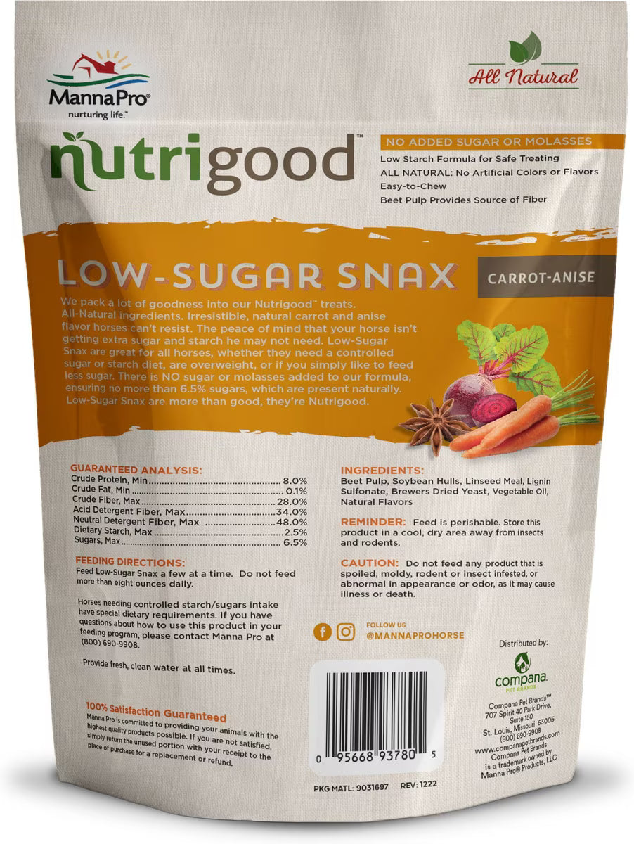Back view of a 4 lb bag of Nutrigood Low Sugar Snax in the flavor Carrot/Anise on a white background
