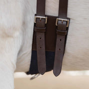Close-up view of the adjustable billets on the brown and navy Equinavia Saga Lunge Surcingle on a gray horse