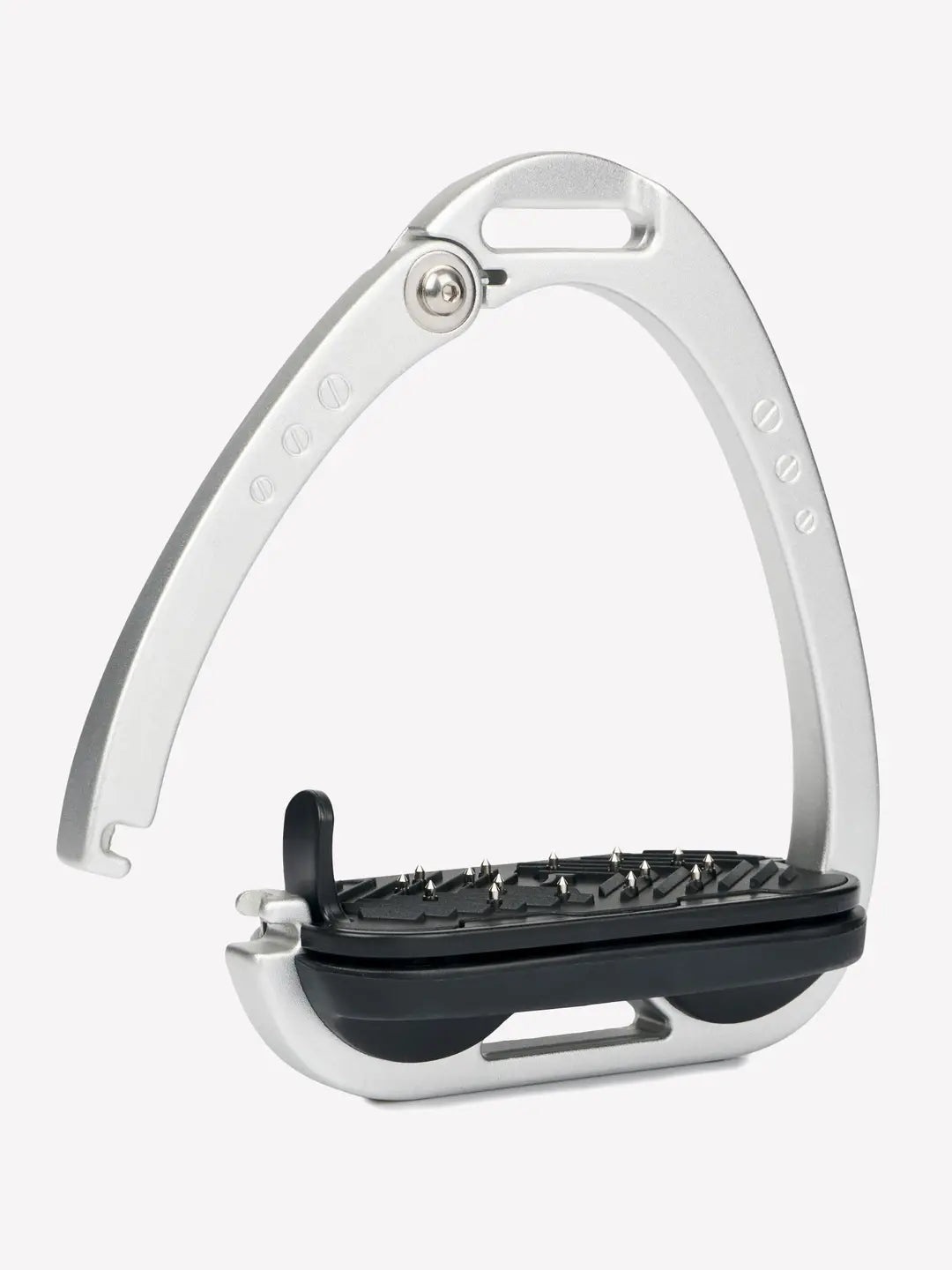 Front view of an aluminum LeMieux Vector Control Stirrup on a plain background
