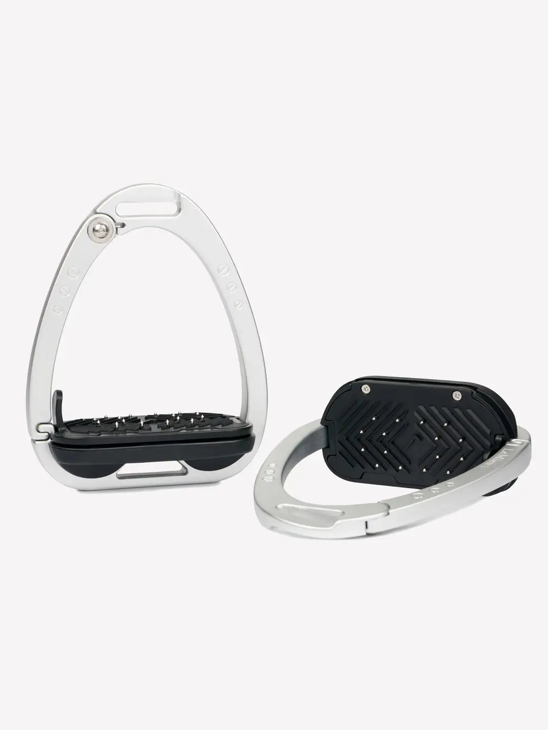 Side-by-side upright and lying down views of the aluminum LeMieux Vector Control Stirrups on a plain background