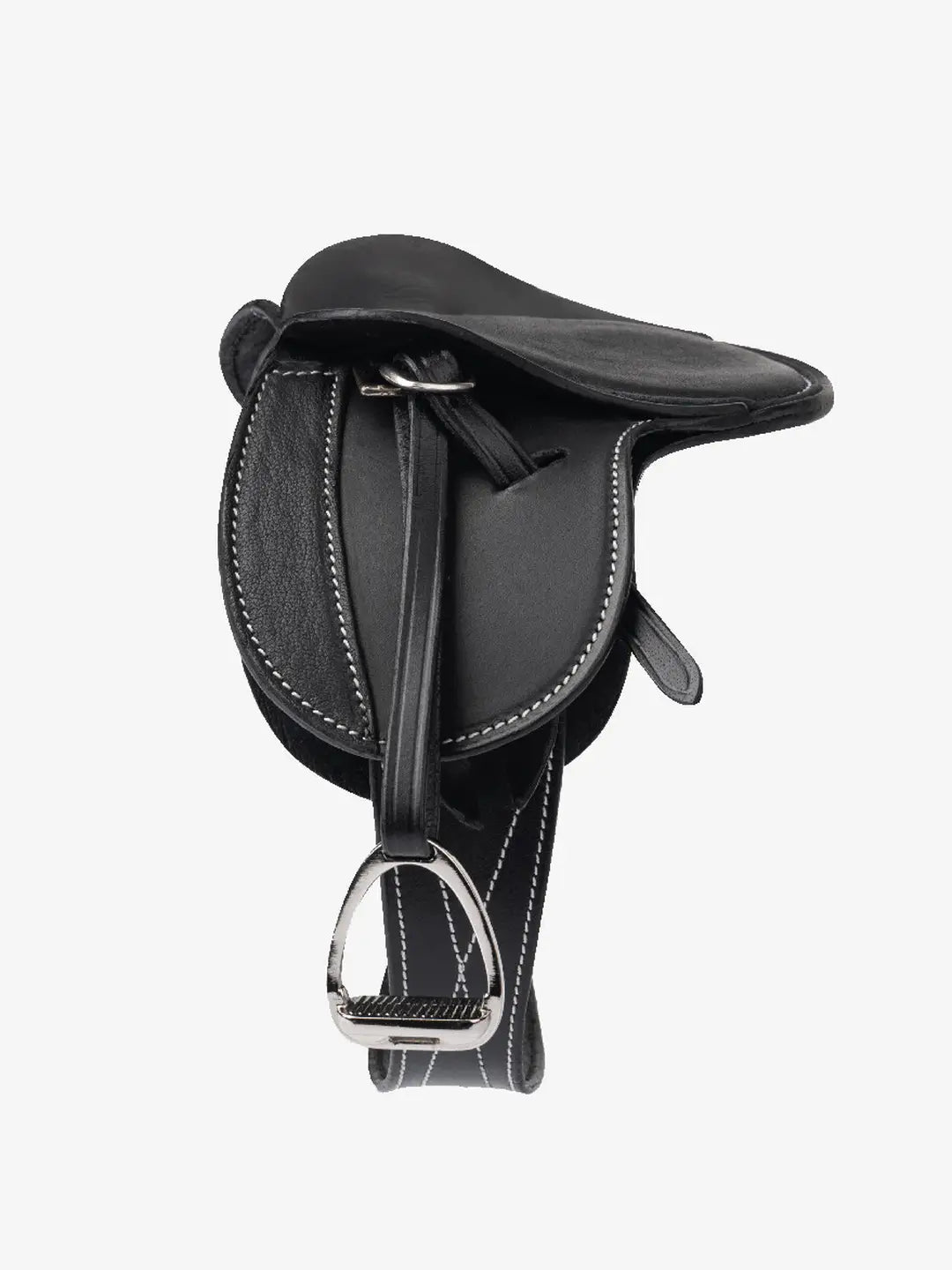 Side view of the black LeMieux Toy Pony Saddle and Girth on a white background