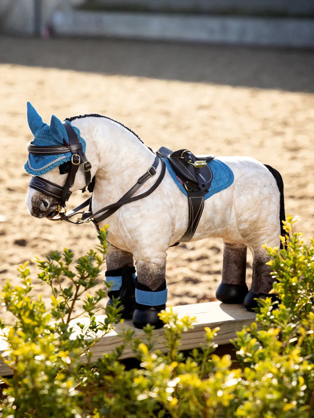 Side view of a buckskin toy pony standing outside wearing the black LeMieux Toy Pony Saddle and Girth and blue accessories