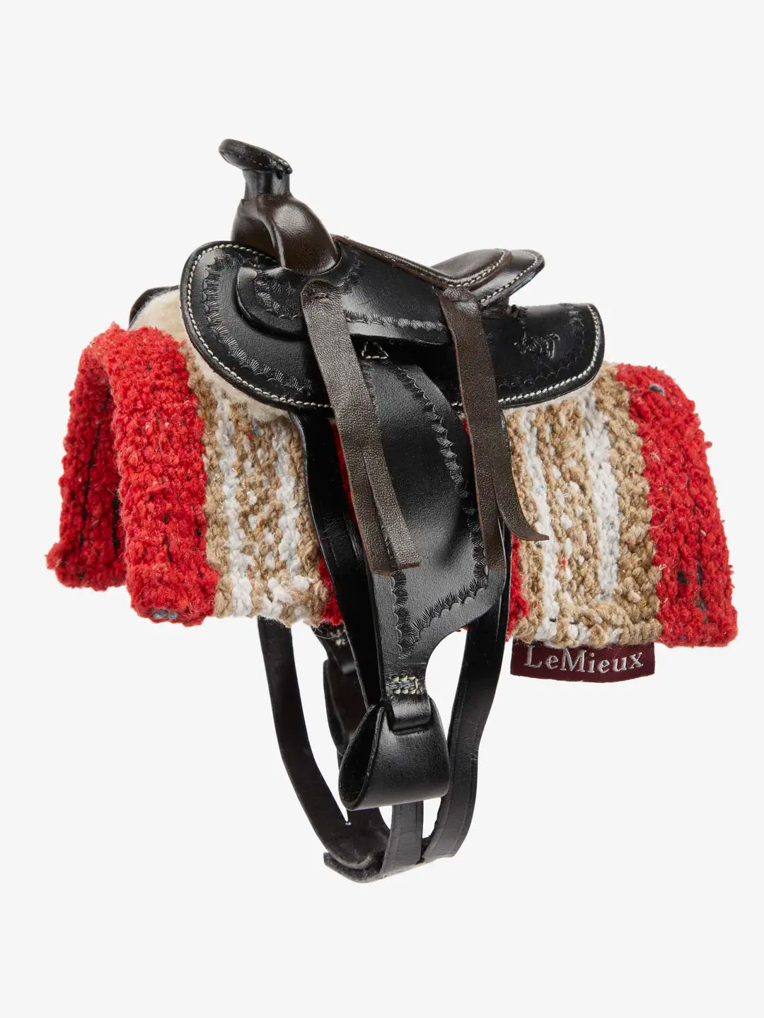 Side view of the black LeMieux Toy Pony Western Saddle over a red saddle blanket on a white background