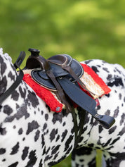 Angled front view of the black LeMieux Toy Pony Western Saddle on an appaloosa toy pony.