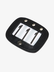 Front view of the black LeMieux Diamante Saddle Number Holder showing 111 on a white background