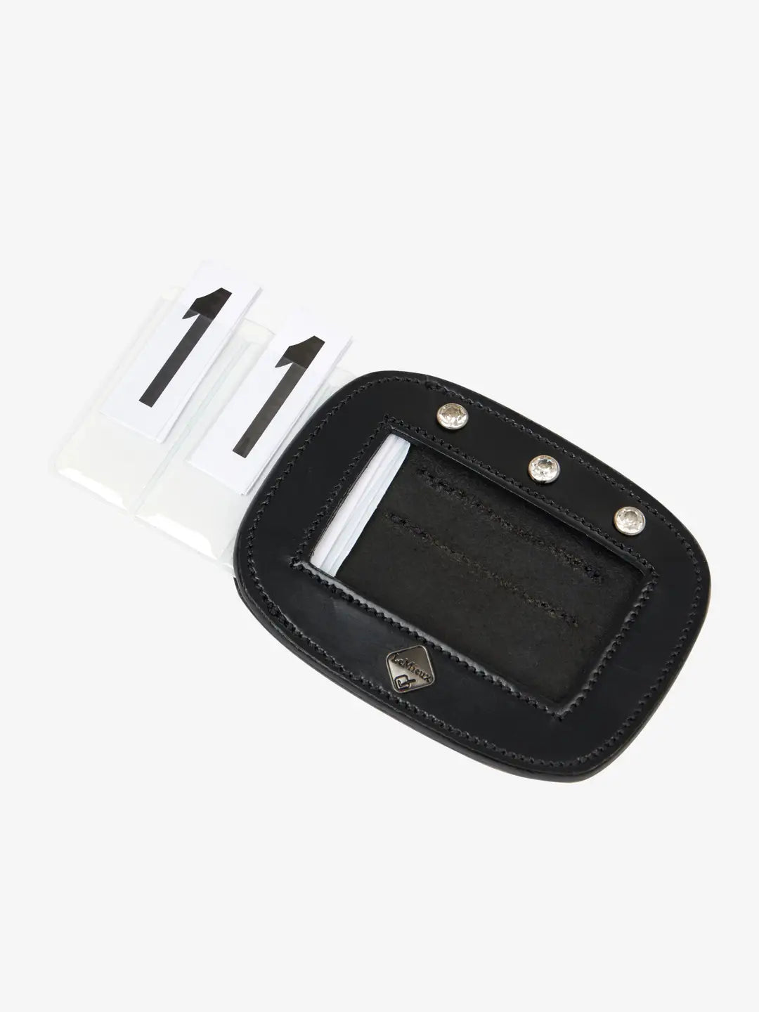 Front view of the black LeMieux Diamante Saddle Number Holder on a white background