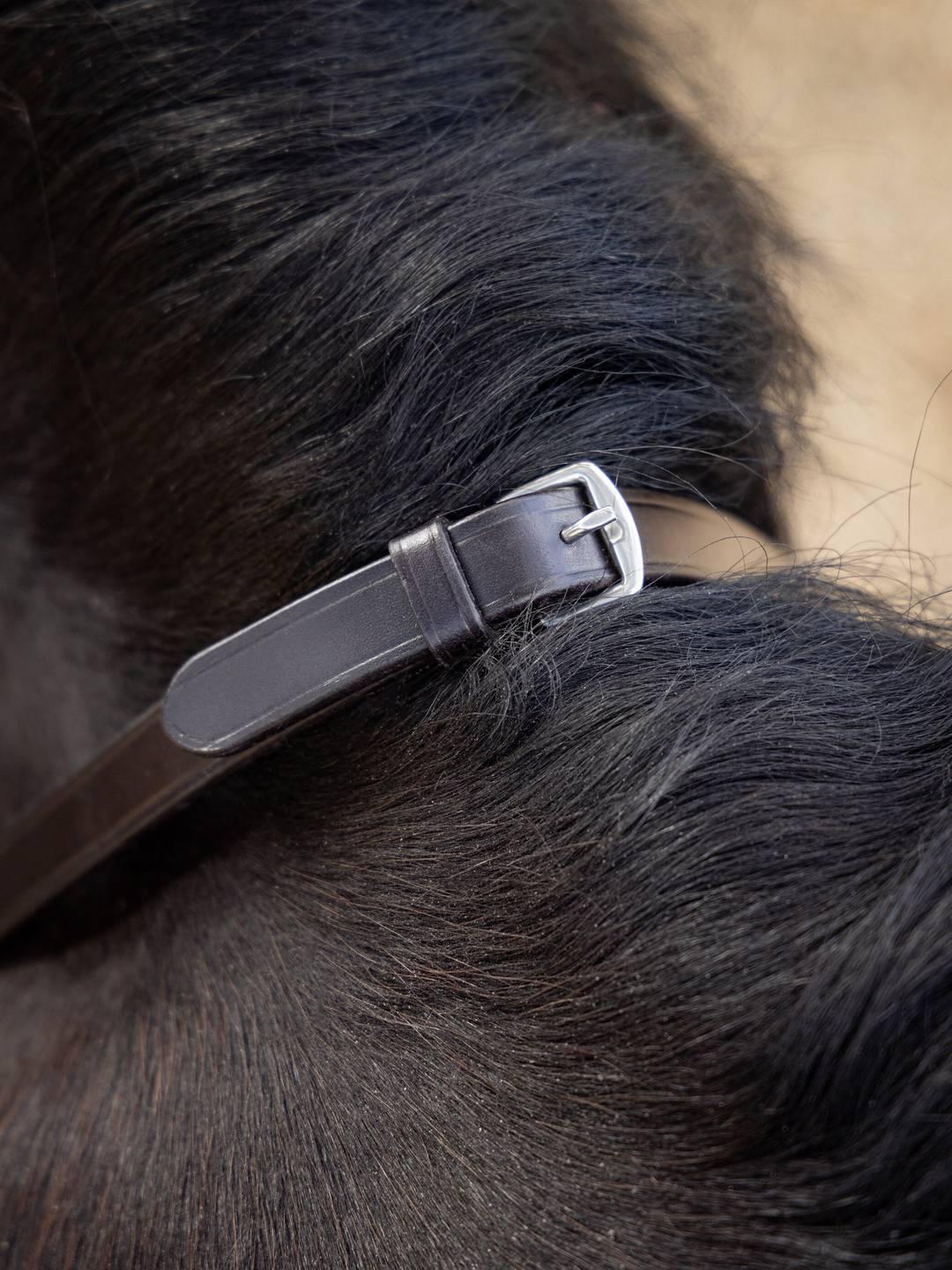 Close-up of brown LeMieux Magna Grip Rubber Rein with silver buckle near a horse’s mane