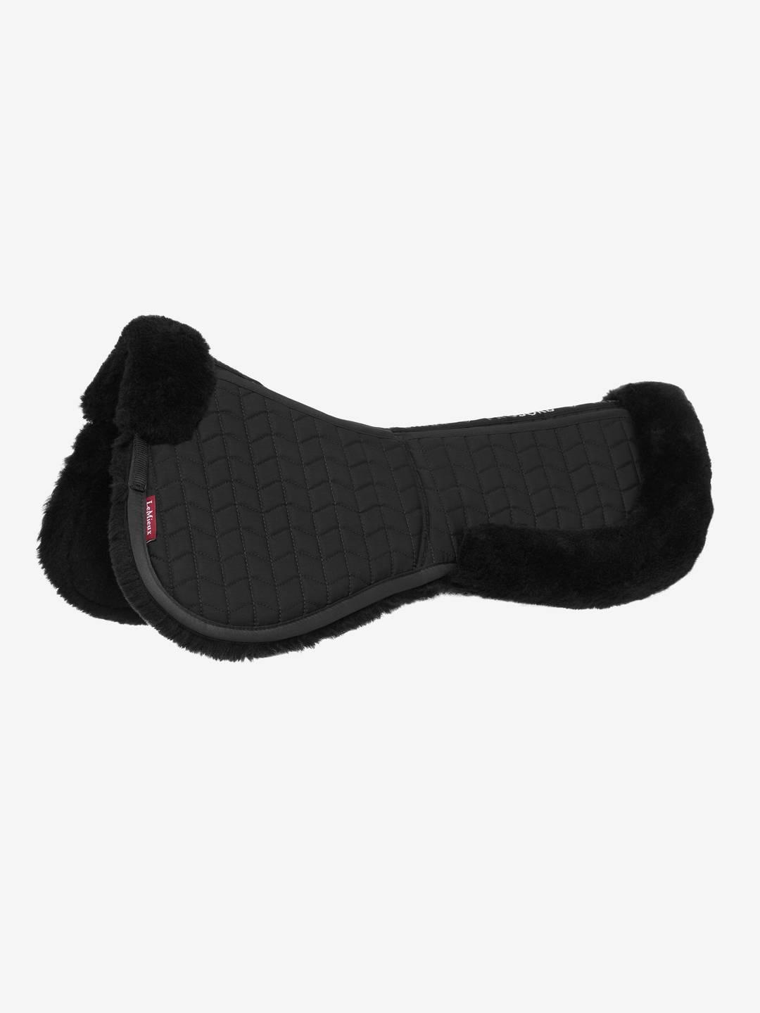 Side view of the black/black LeMieux Merino+ ProSorb 2 Pocket Half Pad on a white background