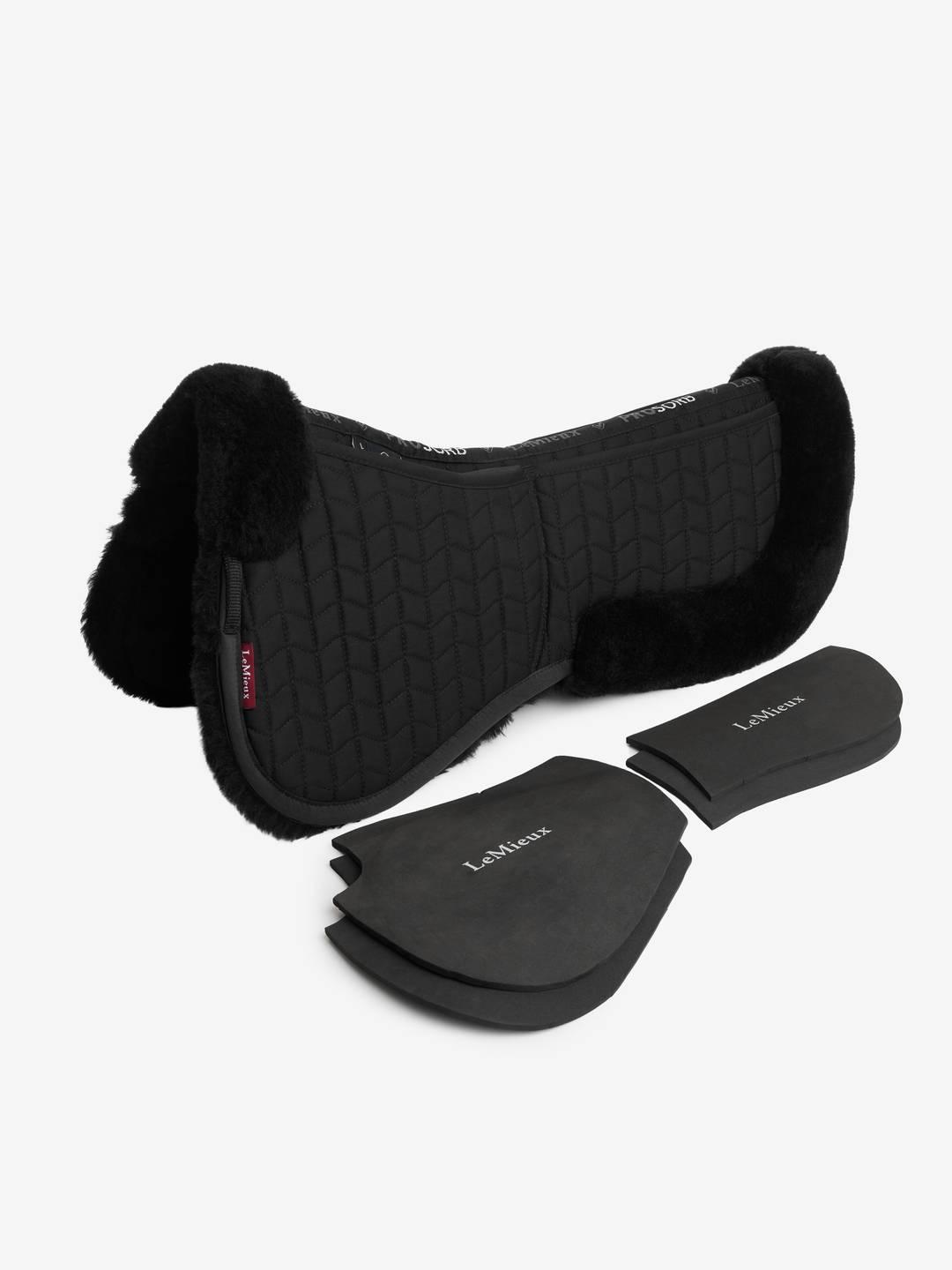Full view of the black/black LeMieux Merino+ ProSorb 2 Pocket Half Pad and shims on a white background