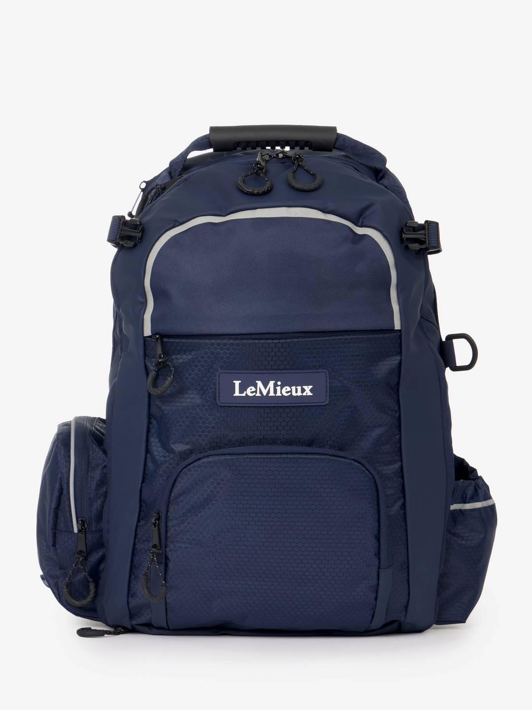 Front view of the navy LeMieux Pro Rucksack on a white background