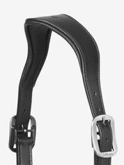 Close-up view of the crown on the black LeMieux Leather Crystal Halter on a white background