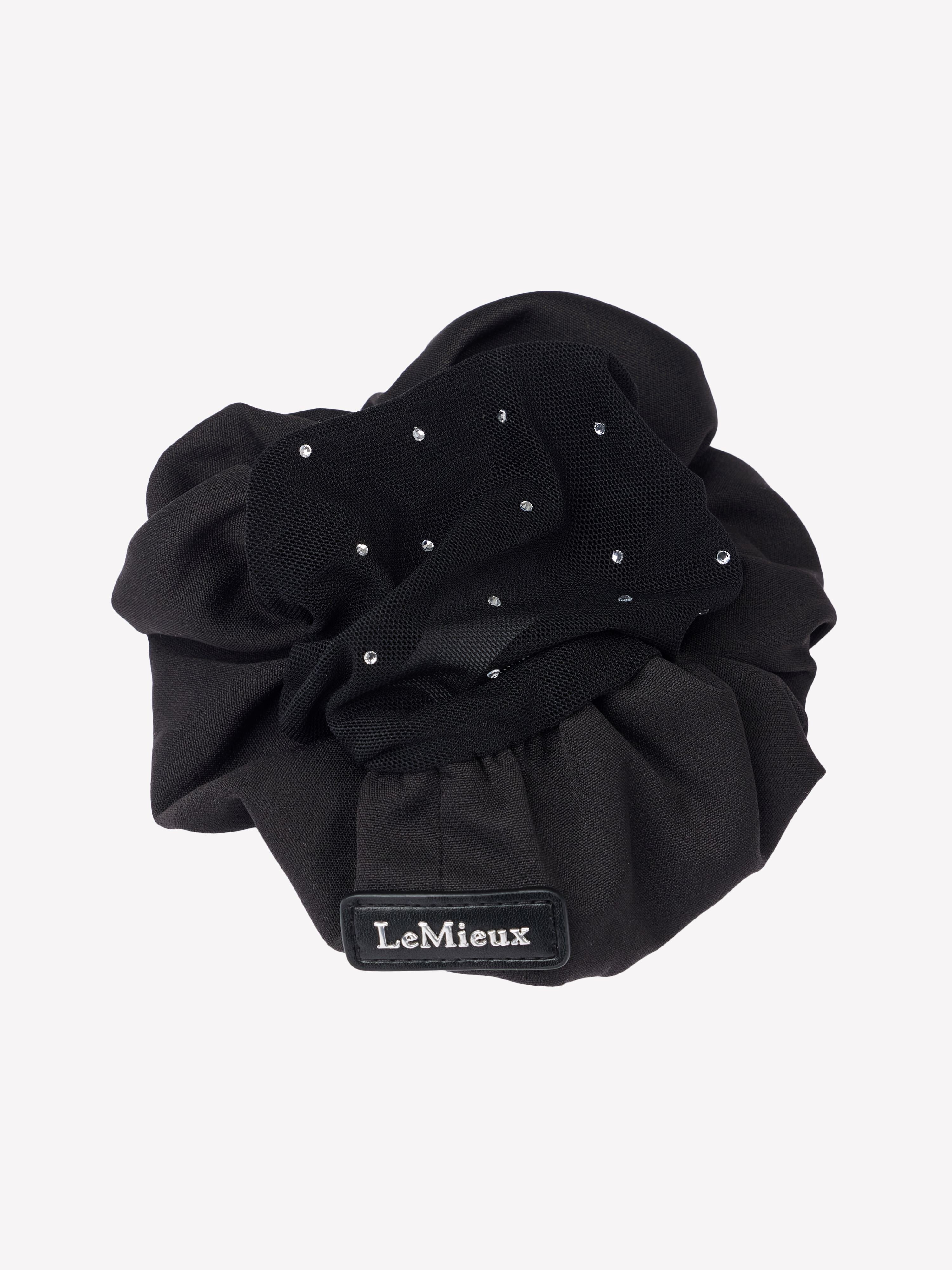 Top view of the black LeMieux Scrunchie With Crystal Hair Net on a plain background