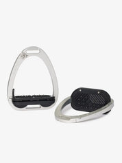 Front and top views of a pair of aluminum LeMieux Vector Balance Stirrups on a white background