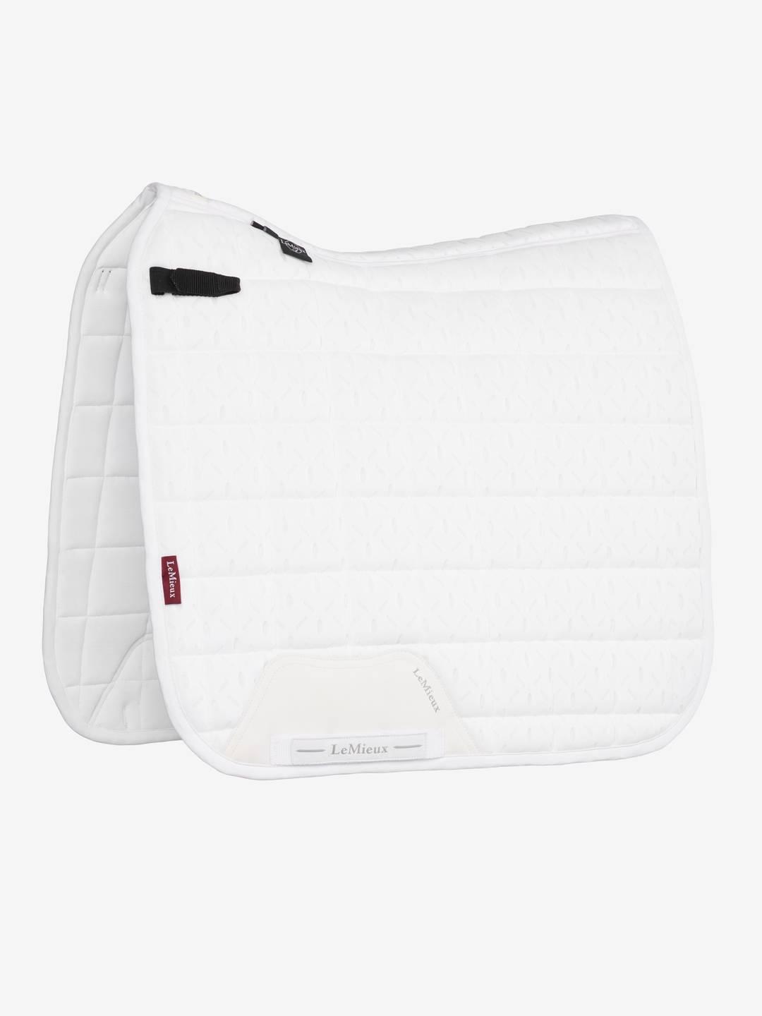 Side view of the white LeMieux 3D Mesh Self-Cool Dressage Square Pad on a white background