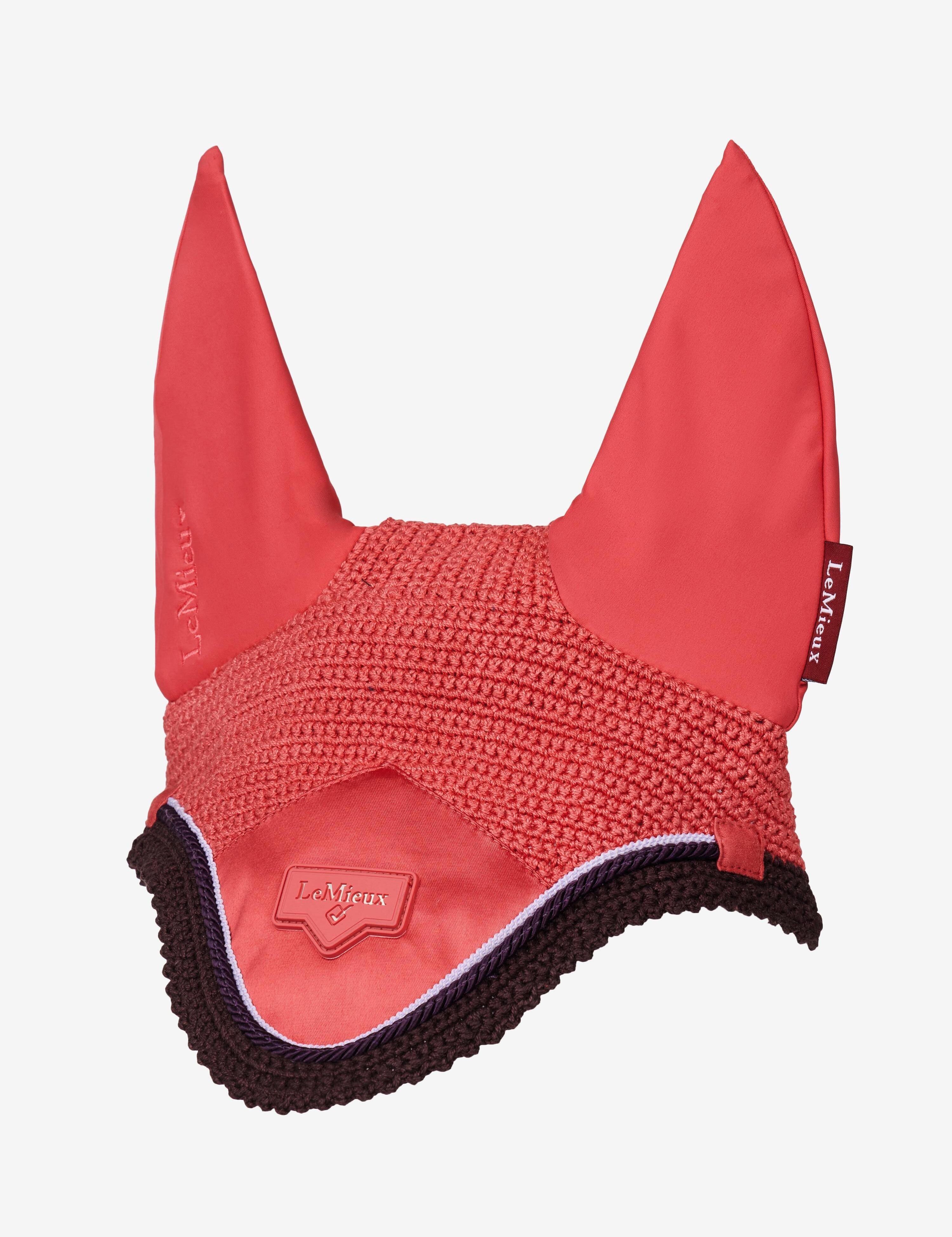Front view of the cranberry LeMieux Loire Fly Hood on a white background