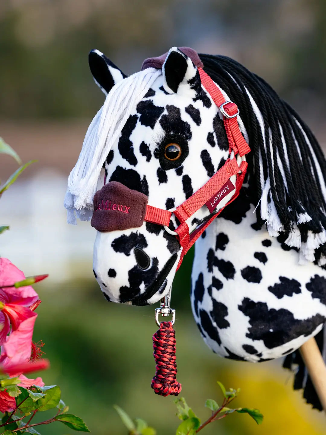 Angled front view of the Dakota Appaloosa LeMieux Hobby Horse outside