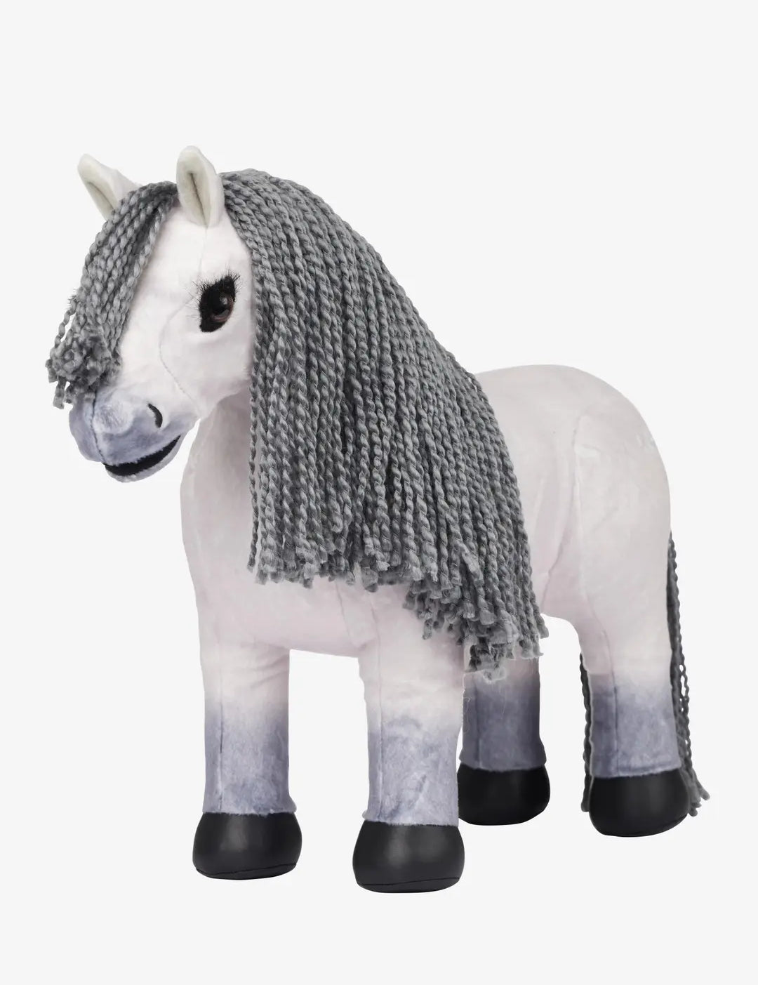 A white stuffed animal horse with gray mane on a white background