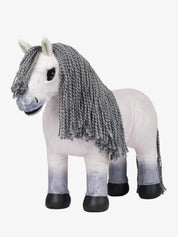 A white stuffed animal horse with gray mane on a white background