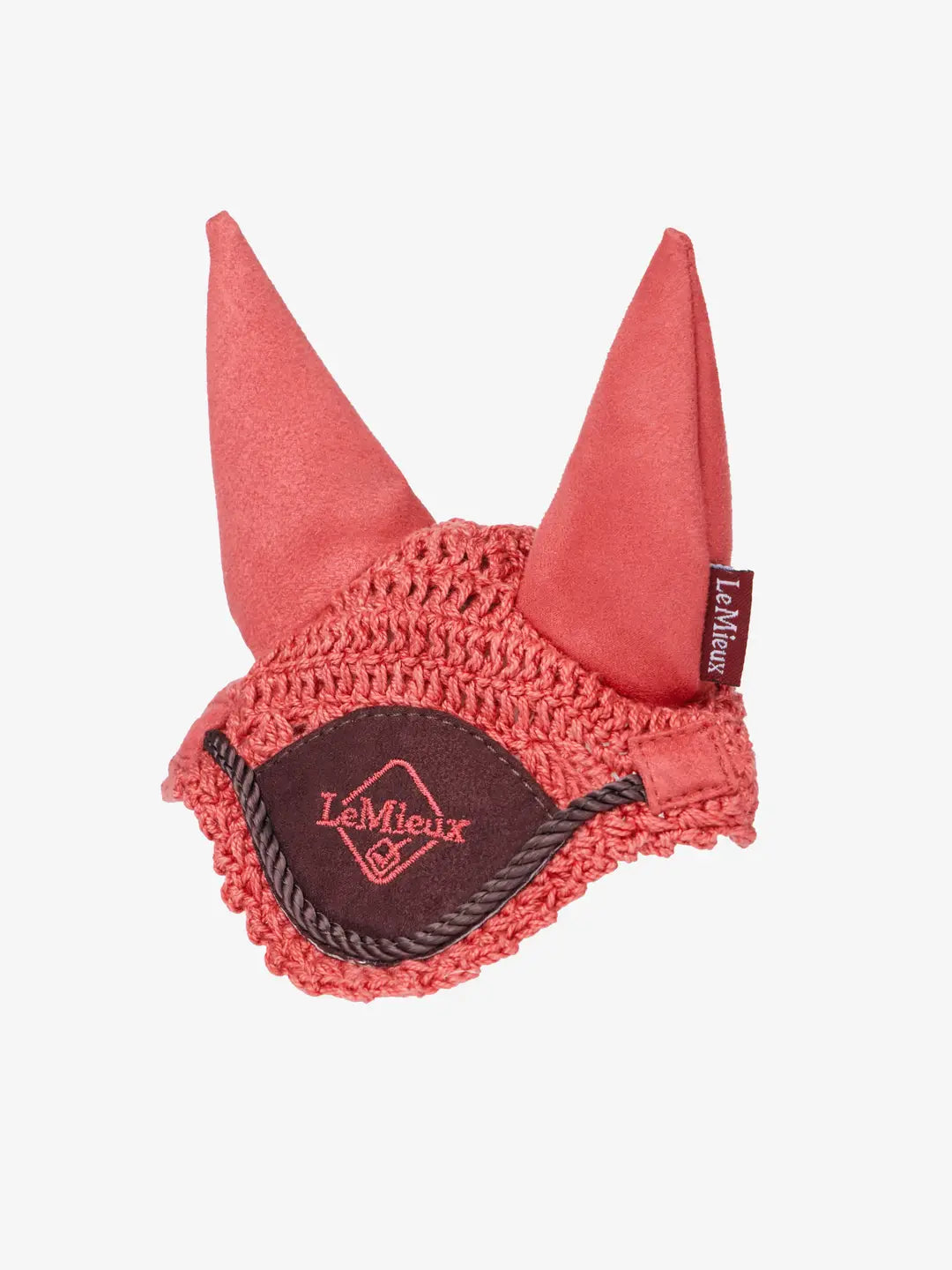 Front view of the cranberry LeMieux Toy Pony Fly Hood on a white background