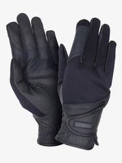navy outdoor gloves shown from both the back and palm sides against a light gray background.
