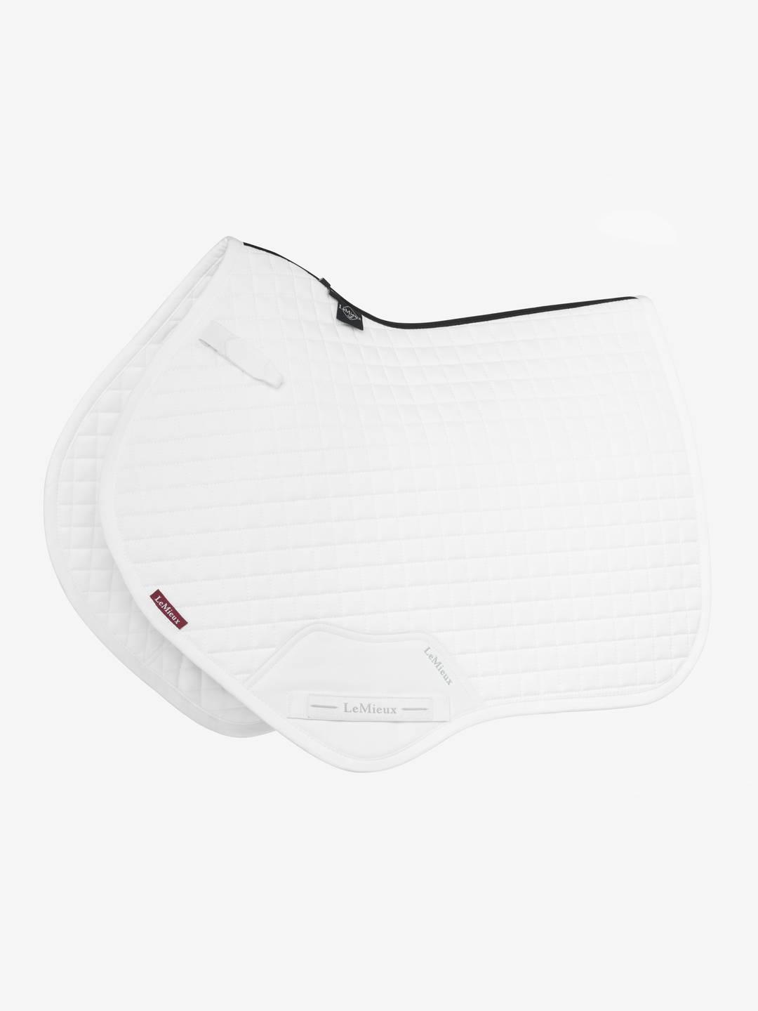 Side view of the white LeMieux Cotton Close Contact Square Pad on a white background