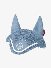 Front view of the ice blue LeMieux Toy Pony Fly Hood on a white background