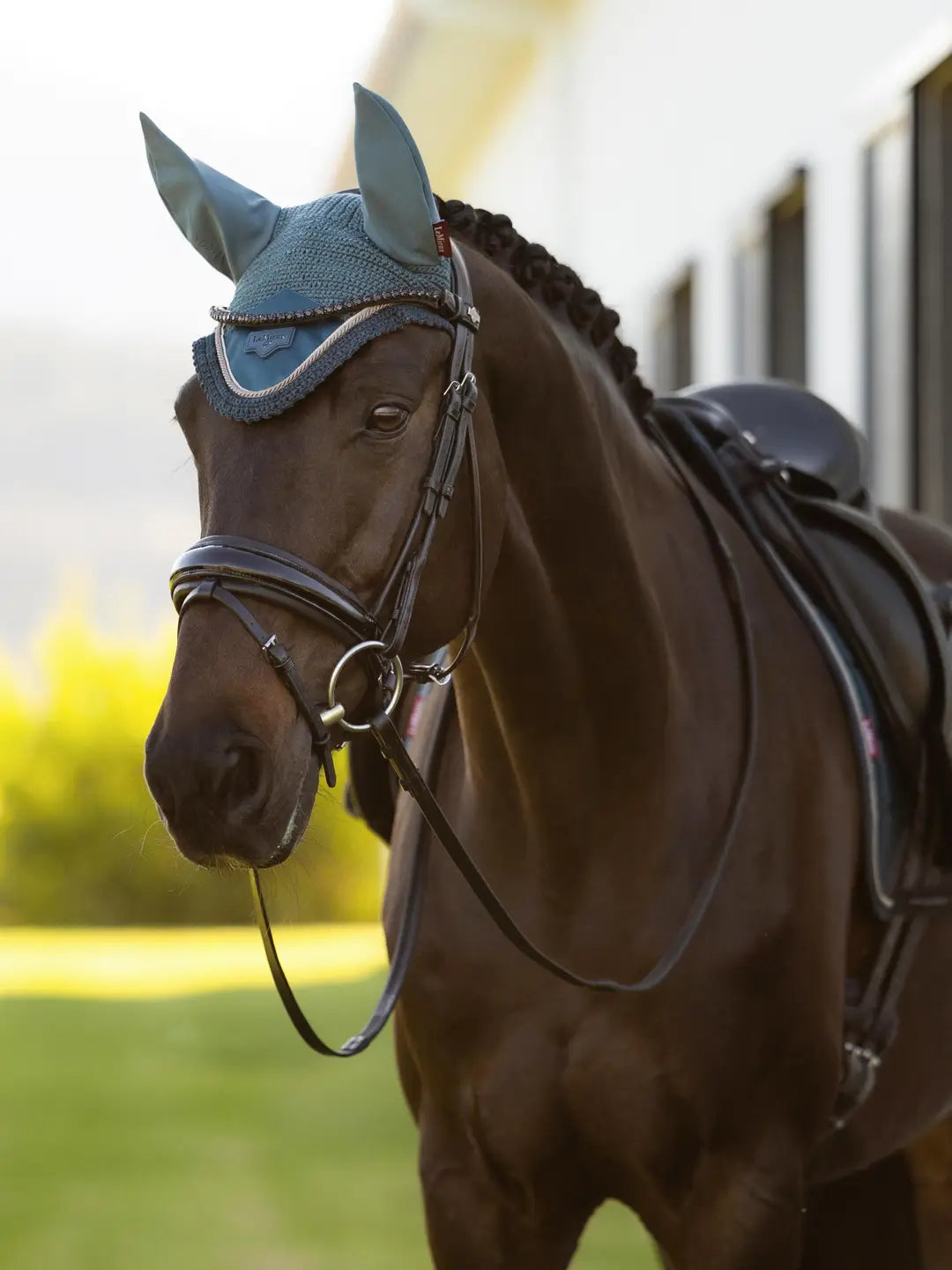 Horse wearing the LeMieux Loire Fly Hood in Jungle while standing outside