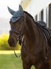 Horse wearing the LeMieux Loire Fly Hood in Jungle while standing outside