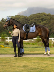 Person standing beside a horse wearing a light blue saddle pad