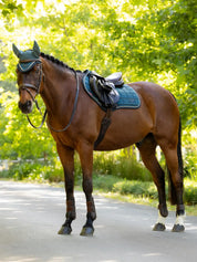 Horse standing outdoors wearing a green saddle pad under a saddle