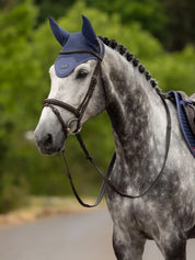 Angled front view of a gray horse wearing the shadow LeMieux Air-Tek Mesh Fly Hood while standing outside
