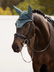 Dark colored horse with bridle wearing the LeMieux Essence Acoustic Fly Hood in blue-green