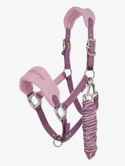Side view of the mallow LeMieux Vogue Headcollar & Leadrope on a white background
