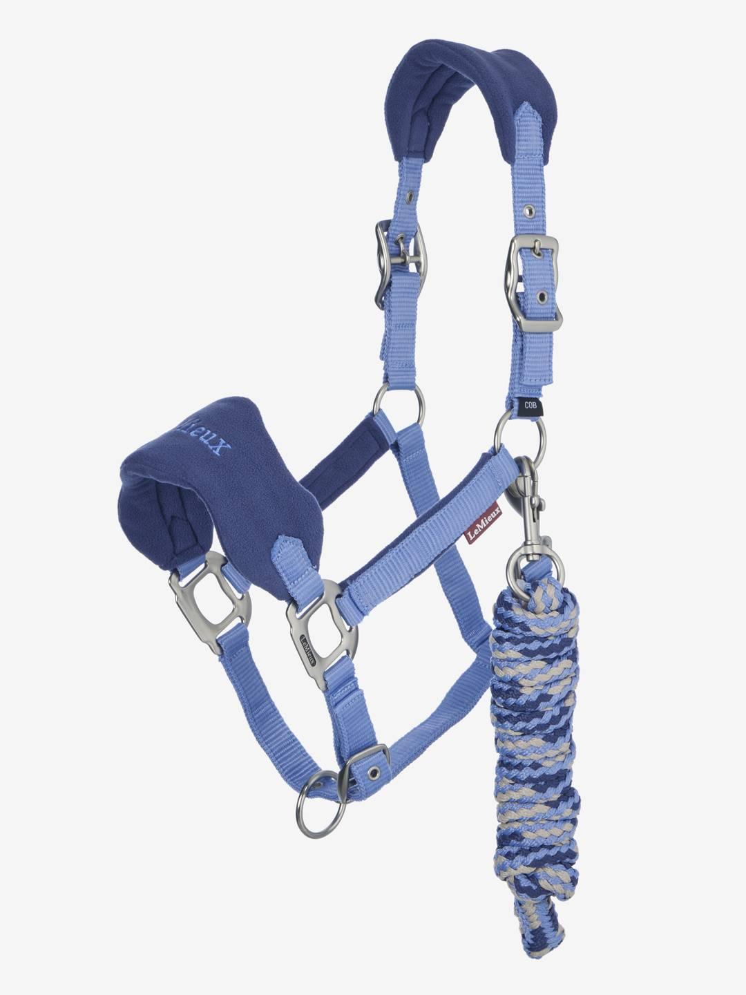 Side view of the powder blue LeMieux Vogue Headcollar & Leadrope on a white background