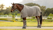 Side view of a bay horse wearing the beige LeMieux Kudos 3D Mesh Travel Blanket while standing on a path outside