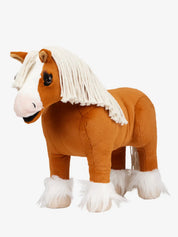 A palomino stuffed animal horse with white mane on a white background