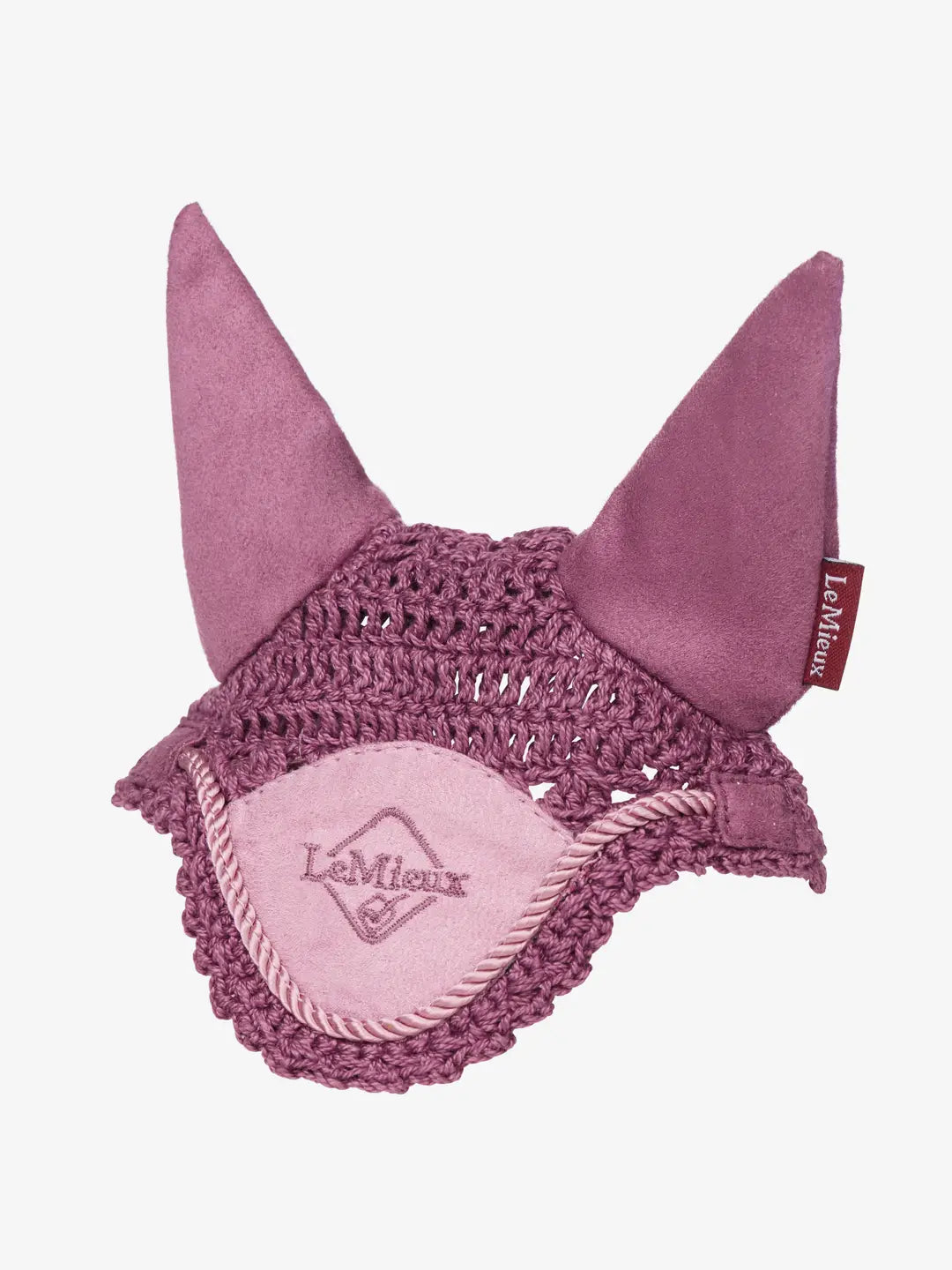 Front view of the pink LeMieux Toy Pony Fly Hood on a white background